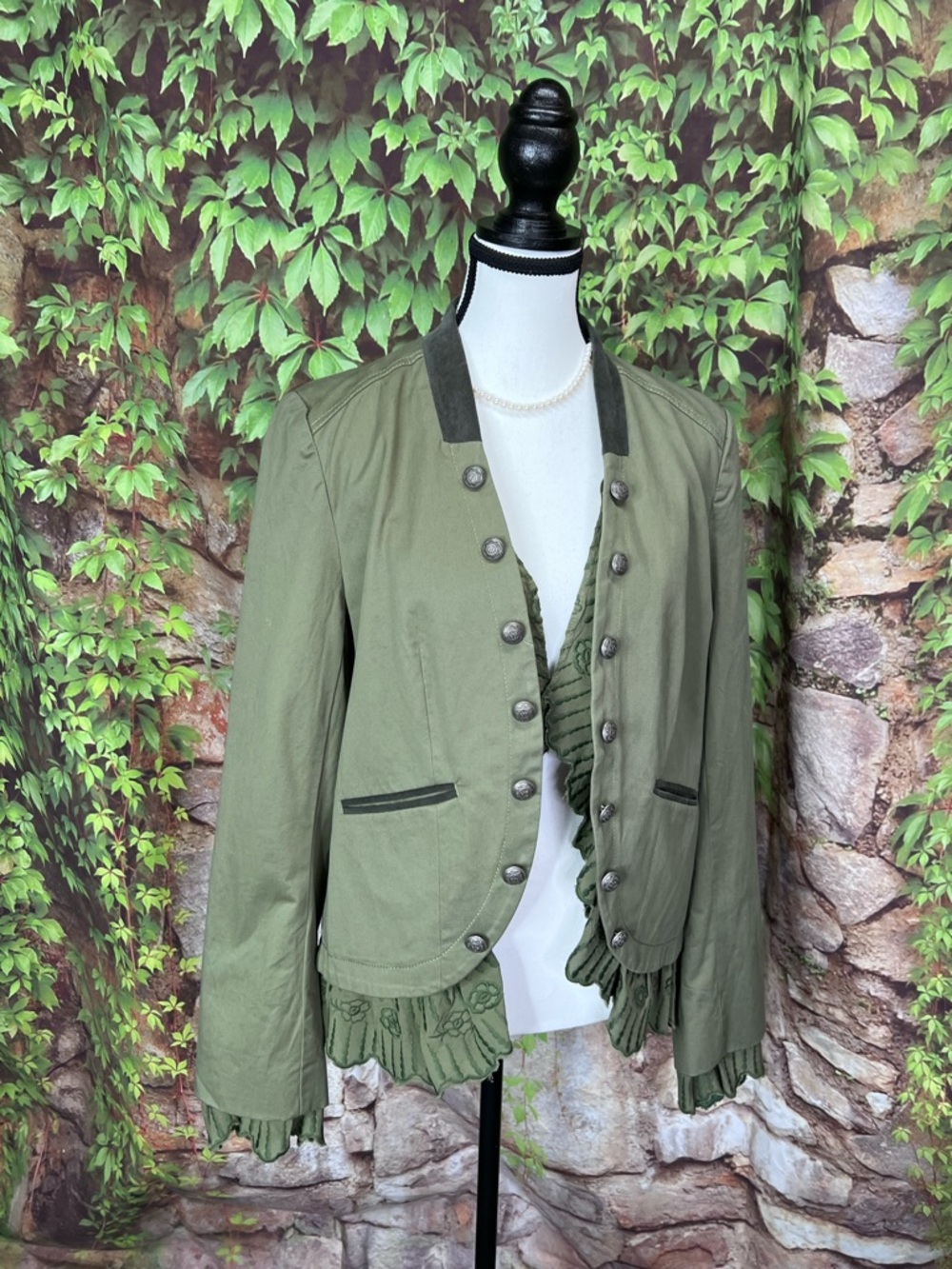 SUNDANCE Olive Ruffle Trim Boho Embroidery Military/Band Jacket, S - Picture 10 of 13